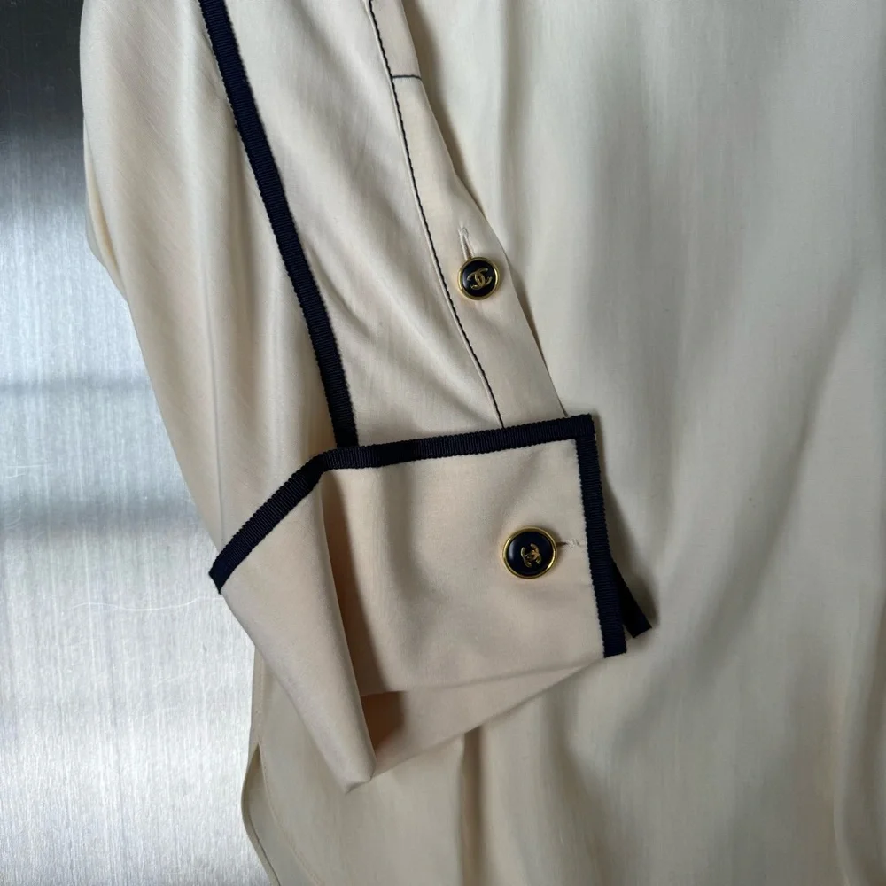 Chanel Vintage Embroidered Logo Button Down in Cream and Navy - Picture 6 of 7